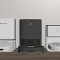 Smart Robotic Vacuums With Various Designs And Dust Collection Bases On Wooden Floor