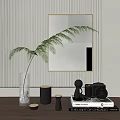 Modern Decorative Ornament Set with Green Plant Vase Mirror Vintage Camera and Books