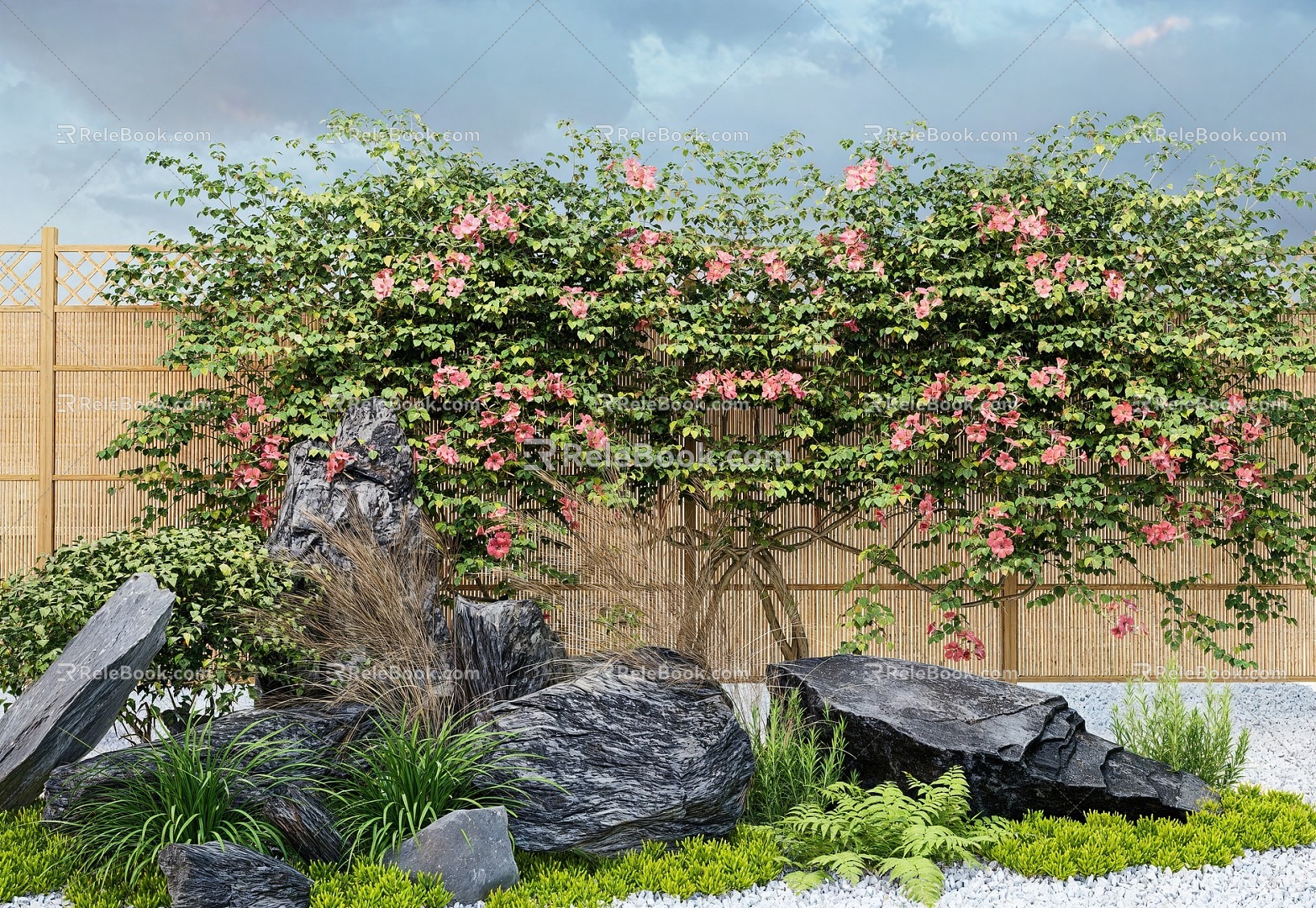 Modern courtyard landscape stone fence fence trumpet creeper green plant wall 3d model