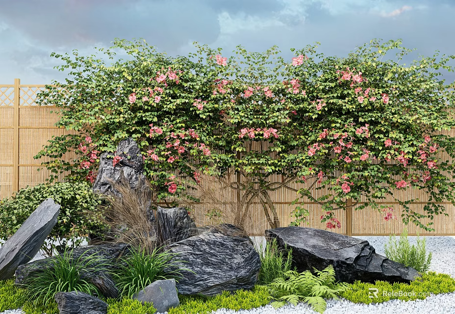 Vine With Pink Flowers Growing On Bamboo Fence Surrounded By Black Stones And Green Plants 3d model 