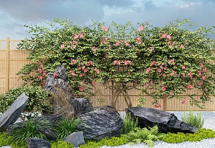 Modern courtyard landscape stone fence trumpet creeper green plant wall 3d model