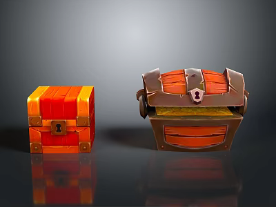 Orange Wooden And Decorative Metal Accent Chests With Clasps And Golden Lining 3d model