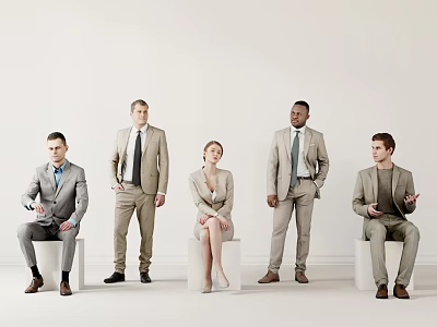 Group of Business Professionals Standing and Sitting in Formal Suits Against Minimalist Background 3d model