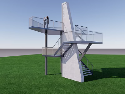 Modern Tower with Observation Deck Glass Railings Spiral Staircase in Green Grass and Blue Sky 3d model