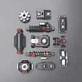 Black Red Mechanical Components Collection Featuring Various Gear Spring And Housing Parts
