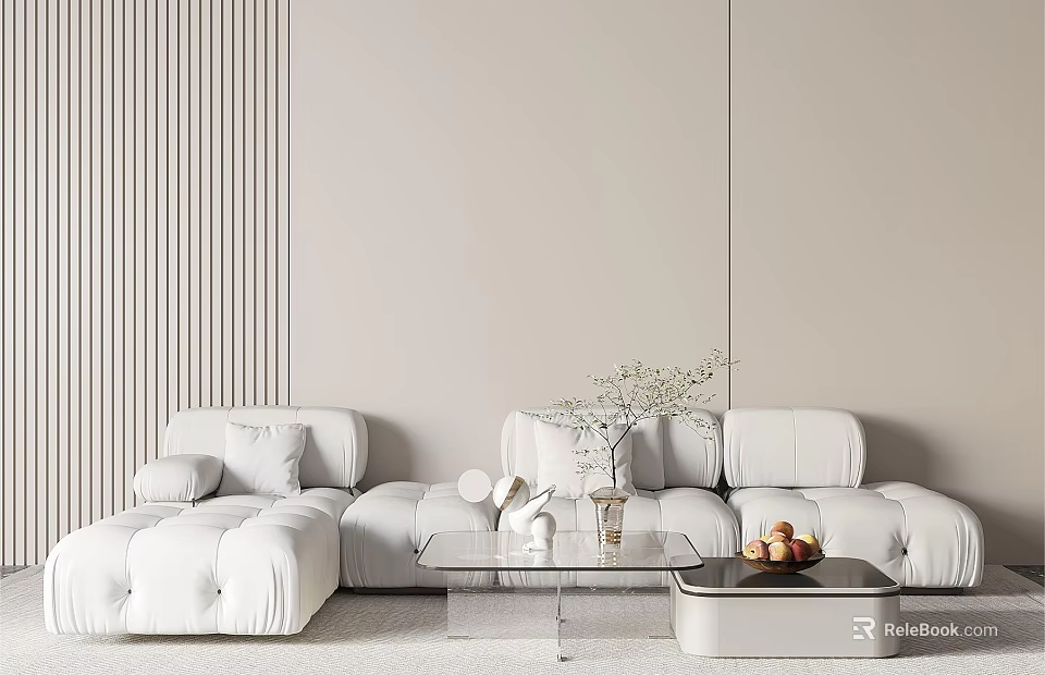 White Sectional Sofa Interior With Vertical Striped Wall And Glass Coffee Table 3d model