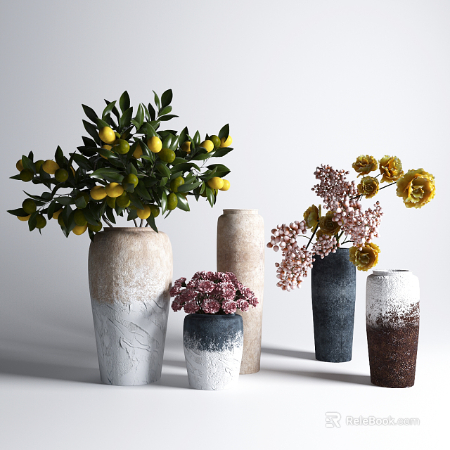 Decorative Textured Vases In Various Colors With Lemon Branches Green Leaves And Colorful Flowers 3d model 