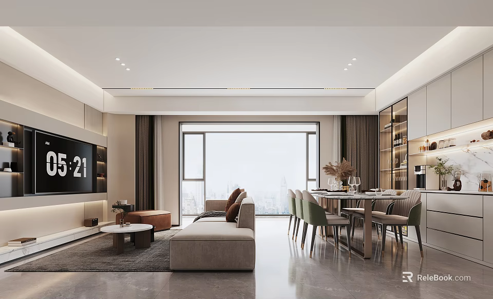 Modern Living Dining Room Interior With Sofa Dining Table Chairs And Window View 3d model