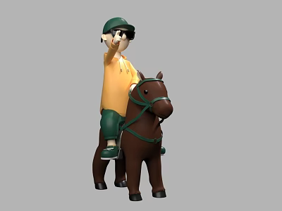 Toy Doll Riding Brown Toy Horse With Green Helmet And Yellow Shirt 3d model