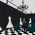 Elegant Bridal Shop Interior With Wedding Dresses Crystal Chandelier And Blue Chairs