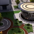Modern Building Exterior With Landscaped Lawn Trimmed Shrubs And Curved Wooden Path
