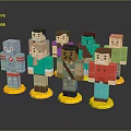 Various Colorful Block Style Character Dolls Standing On Yellow Bases
