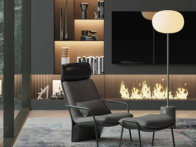 Modern Living Room Featuring Comfortable Recliner Chair Ottoman Near Fireplace Floor Lamp and Bookshelves 3d model