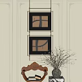Elegant Interior With Black Framed Paintings Dark Carved Chair Dried Branch Vase Light Striped Wall