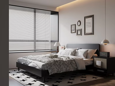 Modern Bedroom Interior Design With Blinds Framed Pictures Clock Nightstand Table Lamp And Rug 3d model