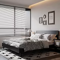 Modern Bedroom Interior Design With Blinds Framed Pictures Clock Nightstand Table Lamp And Rug