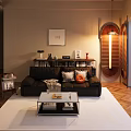 Cozy Living Room With Black Leather Sofa Throw Pillows Bookshelf Coffee Table And Wooden Floor