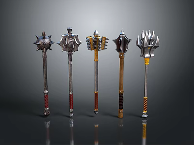 Five Different Designed Metal Hammers With Decorative Handles And Unique Metallic Heads 3d model