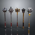 Five Different Designed Metal Hammers With Decorative Handles And Unique Metallic Heads
