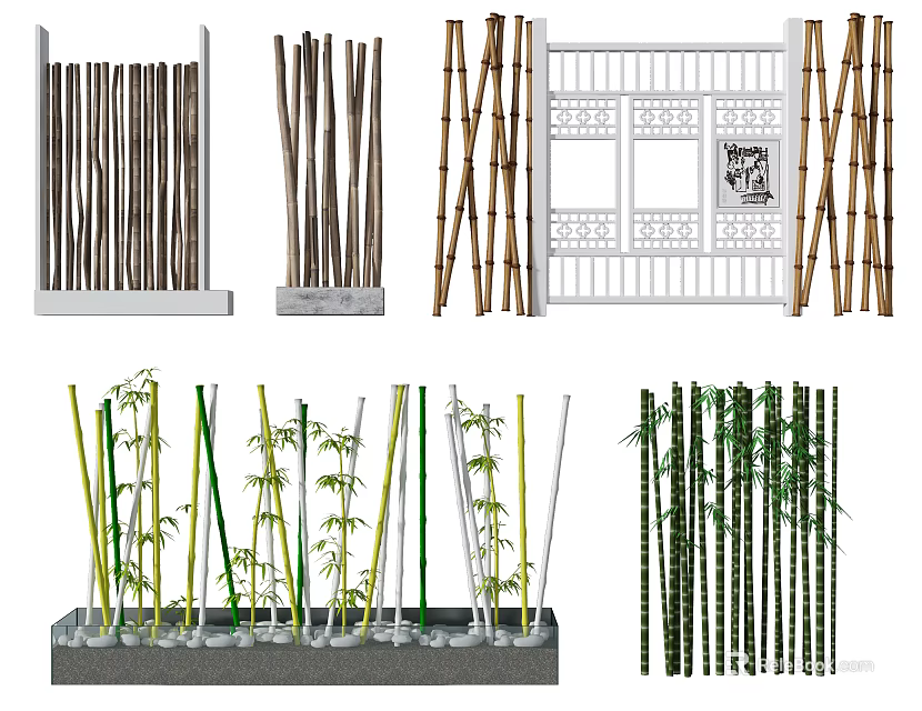 Bamboo Fence Poles and Decorative Green Plants in Outdoor Garden Landscape 3d model 