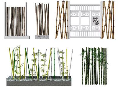 Bamboo Fence Poles and Decorative Green Plants in Outdoor Garden Landscape 3d model