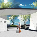 Modern Geometric Gate With Canopy And Trees Under Blue Sky With People Walking