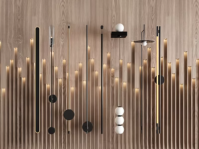 Modern Linear Chandelier Designs With Wooden Wall Background And Warm Illumination For Interior Decor 3d model