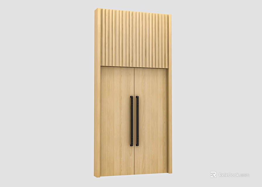 Modern Light Wood Double Doors With Black Handles And Vertical Slats 3d model 