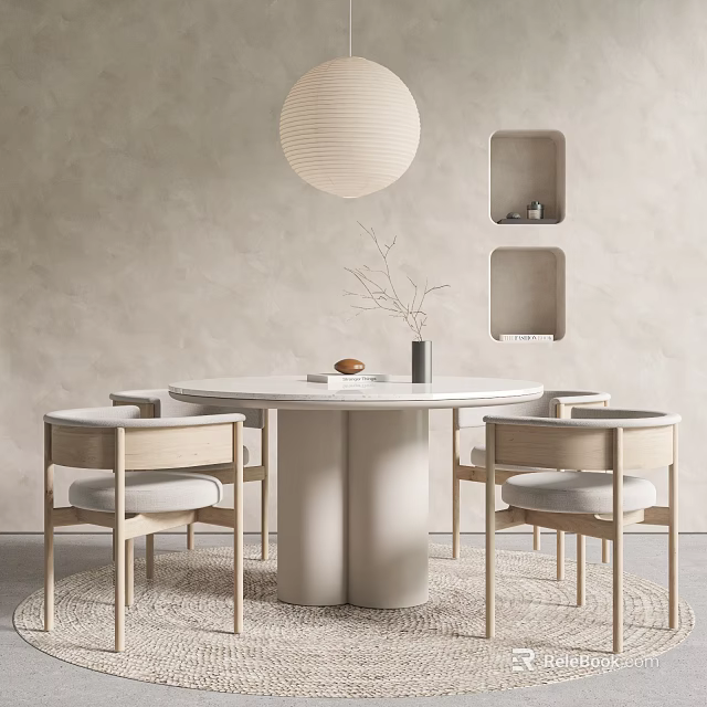 Minimalist Round Dining Table And Chairs Set With Lantern Pendant Light Wall Niches And Rug 3d model 