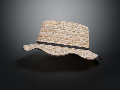 Stylish Straw Hat With Wide Wavy Brim And Black Ribbon Accent 3d model