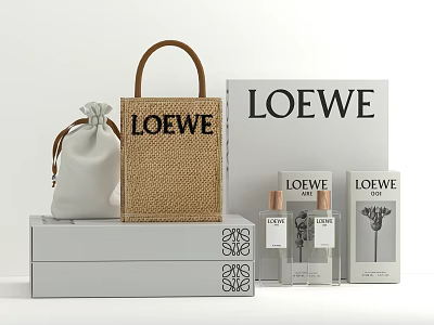 LOEWE Decorative Accessory Set With Straw Bag White Pouch Perfume Bottles And Display Box 3d model