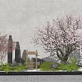 Traditional Courtyard Garden With Pink Cherry Blossom Tree Stone Lanterns Wooden Bucket And Green Plants
