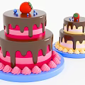 Delicious Layer Cakes with Chocolate Drizzle Strawberry Blueberry Toppings Pink Cream Borders on Blue Platters