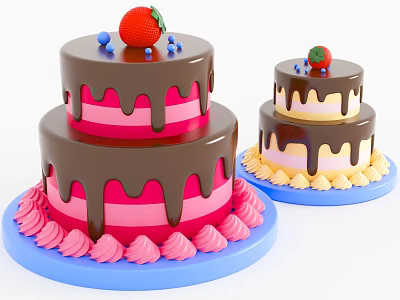 Delicious Layer Cakes with Chocolate Drizzle Strawberry Blueberry Toppings Pink Cream Borders on Blue Platters 3d model