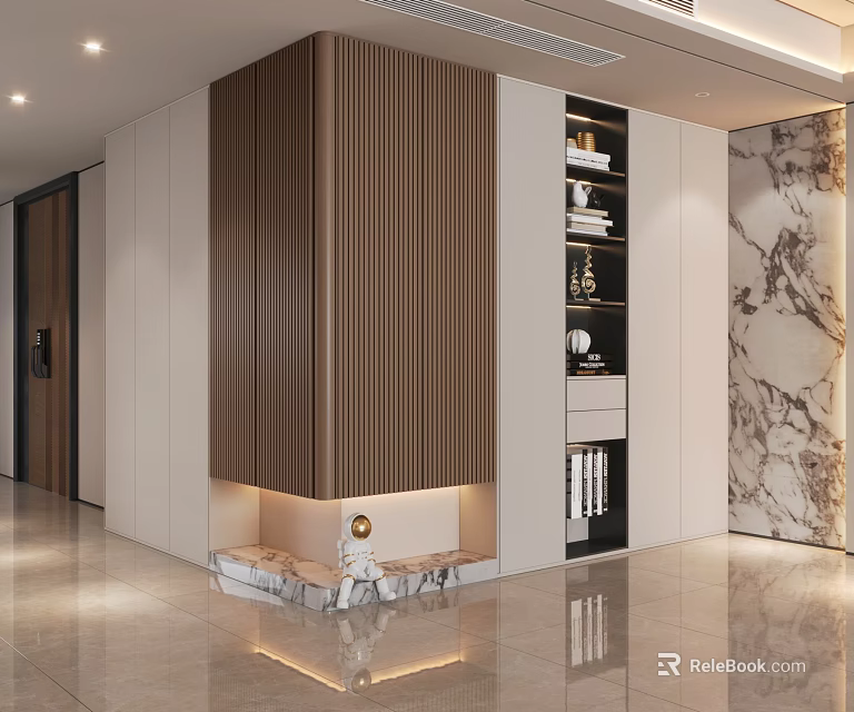 Modern Shoe Cabinet Design With Wooden Slats Marble Base And LED Strip Lighting 3d model 