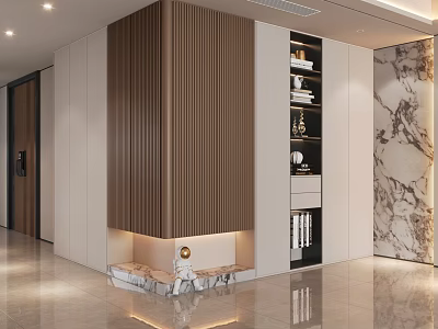 Modern Shoe Cabinet Design With Wooden Slats Marble Base And LED Strip Lighting 3d model