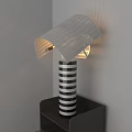 Illuminated Modern Table Lamp With Black And White Striped Base And Transparent Striped Shade