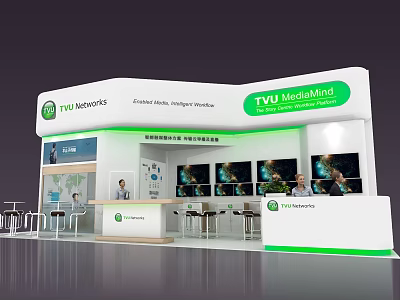 TVU Networks Exhibition Booth With Curved Design Digital Screens And Reception Seating Area 3d model