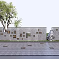 Landscape Wall Design With Decorative Square Blocks Green Tree And Paved Ground 3d model