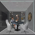 Hotel Mahjong Room Modern Interior Design With Glass Walls White Chairs And Circular Emblem