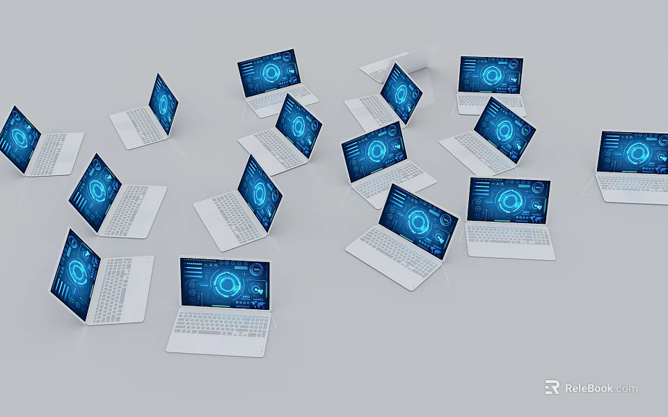 Multiple Open Laptops With Blue Screens Displaying Digital Tech Interfaces 3d model