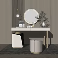 Modern White Dressing Table with Round LED Mirror Decorative Vase Green Plants and Storage Boxes