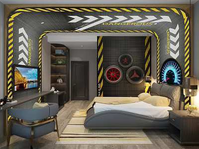 Modern Hotel Room Interior With King Bed TV Decorative Walls And Stylish Furniture 3d model