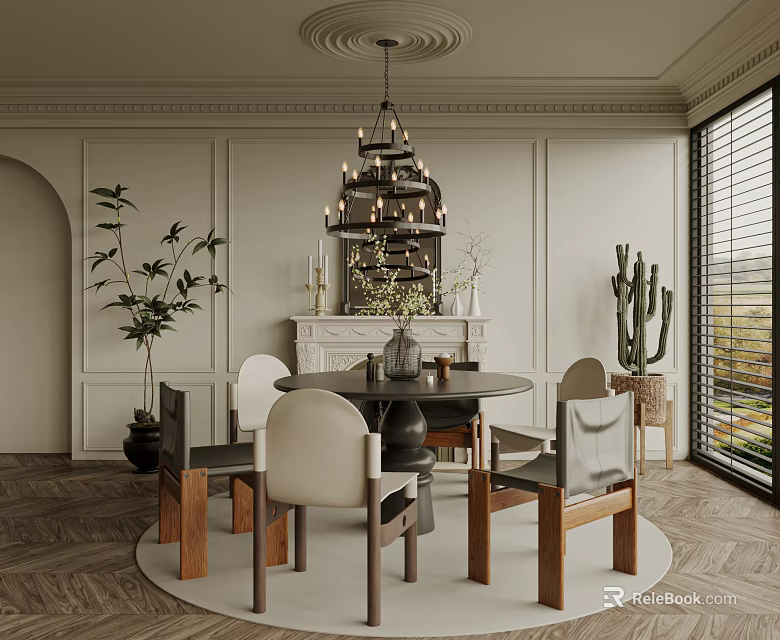 Elegant Modern Restaurant Interior With Round Dining Table And Chandelier 3d model 