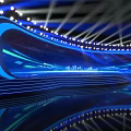 Futuristic Stage With Blue Lighting And Reflection Effects