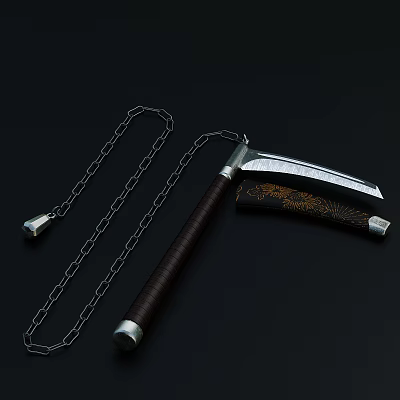 Traditional Weapon With Brown Wooden Handle Metal Chain Black Scabbard And Golden Patterns 3d model