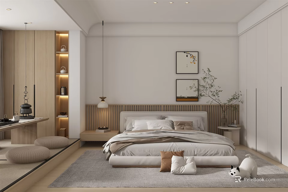 Modern Bedroom Interior With Wooden Headboard Nightstand Lamp Wall Art Cozy Rug And Decorative Pillows 3d model 