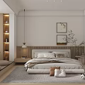 Modern Bedroom Interior With Wooden Headboard Nightstand Lamp Wall Art Cozy Rug And Decorative Pillows