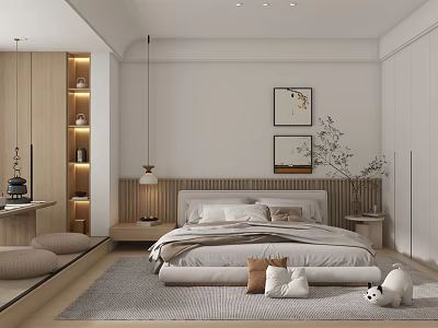 Modern Bedroom Interior With Wooden Headboard Nightstand Lamp Wall Art Cozy Rug And Decorative Pillows 3d model