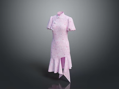Pink Floral Cheongsam With Short Sleeves Stand Collar And Asymmetric Ruffled Hem 3d model
